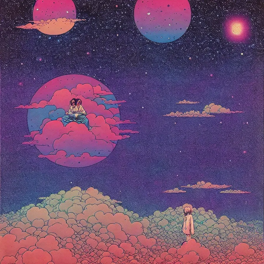 Image similar to ( ( ( ( beautiful starry sky and cloud and forest ) ) ) ) ) by mœbius!!!!!!!!!!!!!!!!!!!!!!!!!!!, overdetailed art, colorful, record jacket