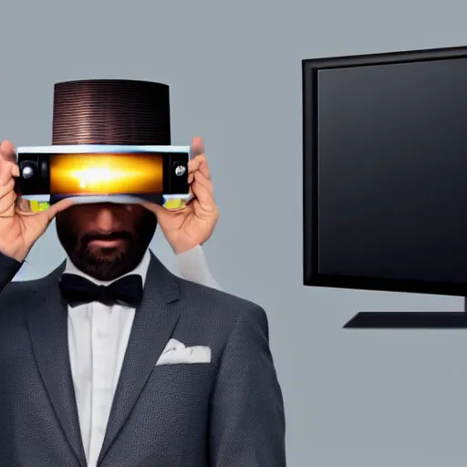 Image similar to a man in a suit wearing a tv on his head, head replaced with a tv, tv covering head