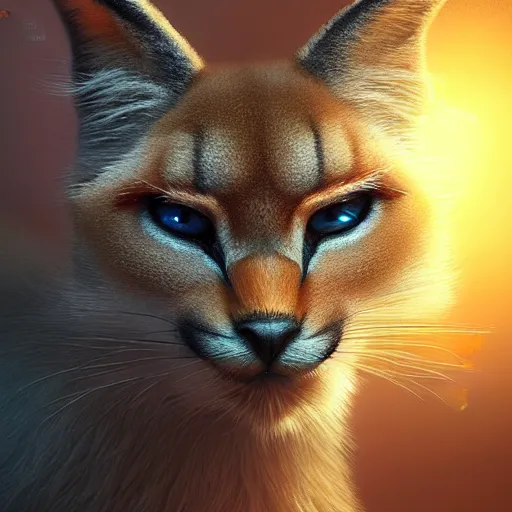 Image similar to The fluffiest cute caracal, fullbody, ultra high detailed, glowing lights, oil painting, Greg Rutkowski, Charlie Bowater, Beeple, unreal 5, DAZ, hyperrealistic, octane render, RPG portrait, dynamic lighting, fantasy art, beautiful face