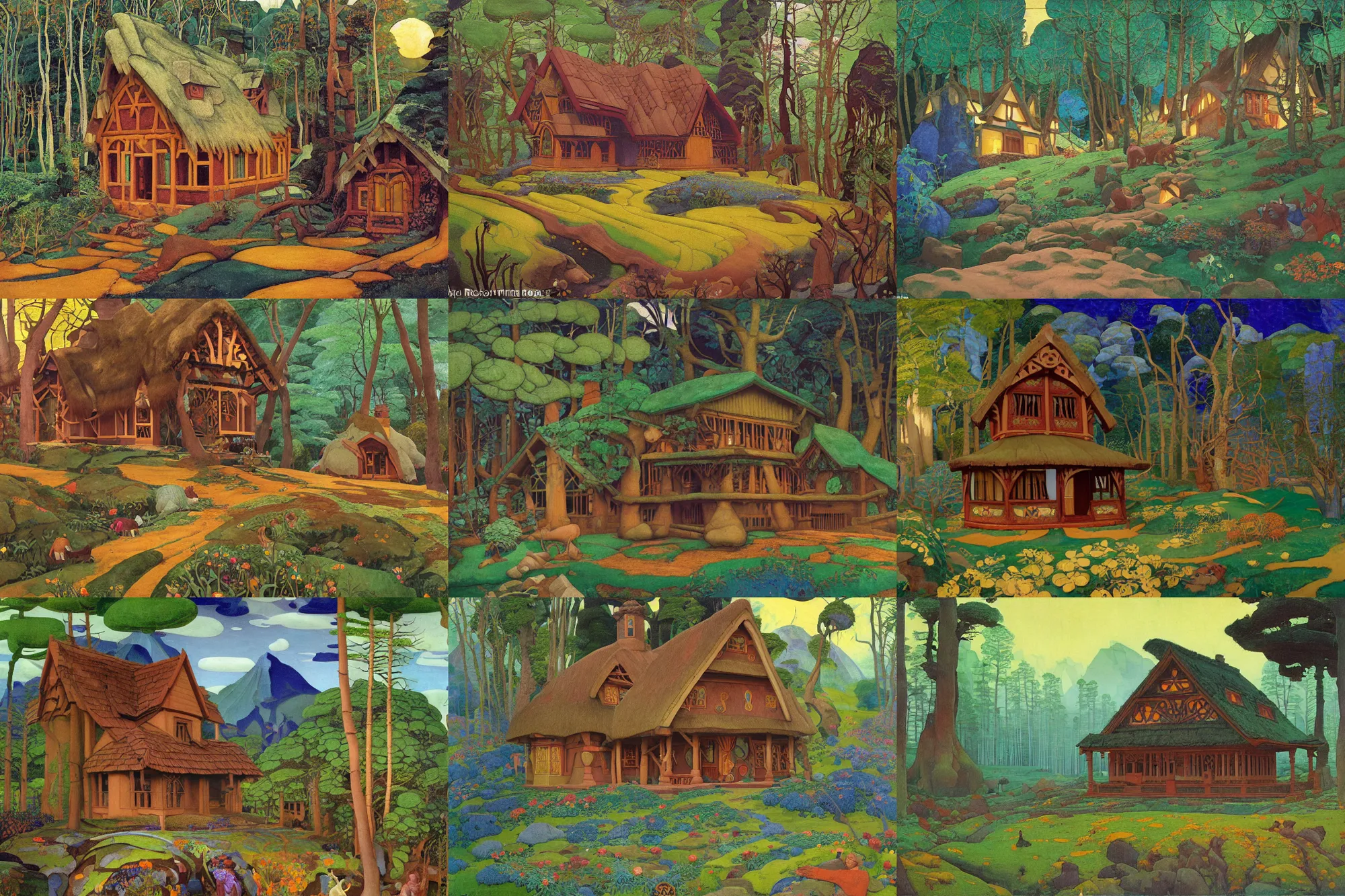 Prompt: the enchanted cottage of a wise woman in a forest clearing, dramatic cinematic lighting, folk-art carved painted wood house, rich colors, by Nicholas Roerich and William Dyce and ford madox brown and April Gornik and Caspar David Friedrich and Diego Rivera and Tyler Edlin and Ivan Bilibin