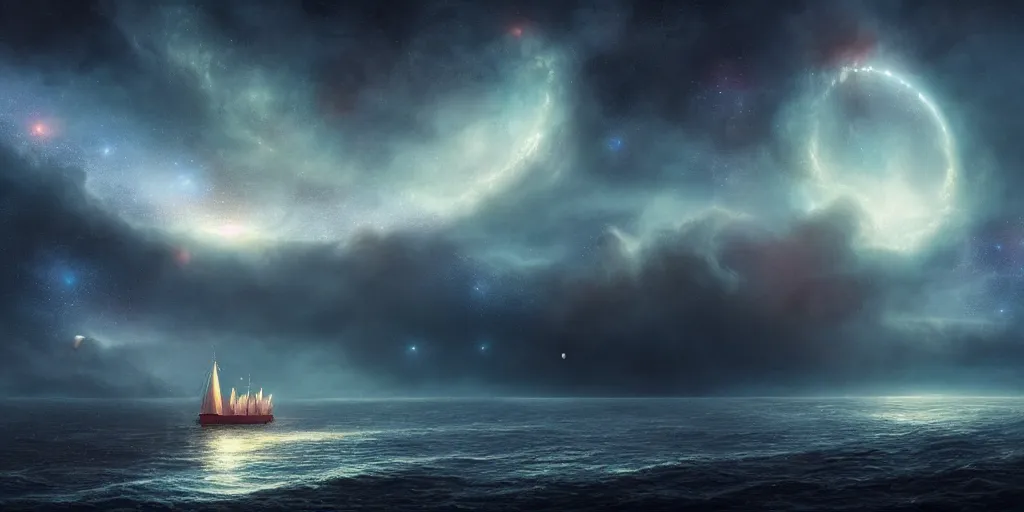 Image similar to detailed beautiful matte painting of a ship sailing a cosmic galaxy by Mikko Lagerstedt and Raphael Lacoste