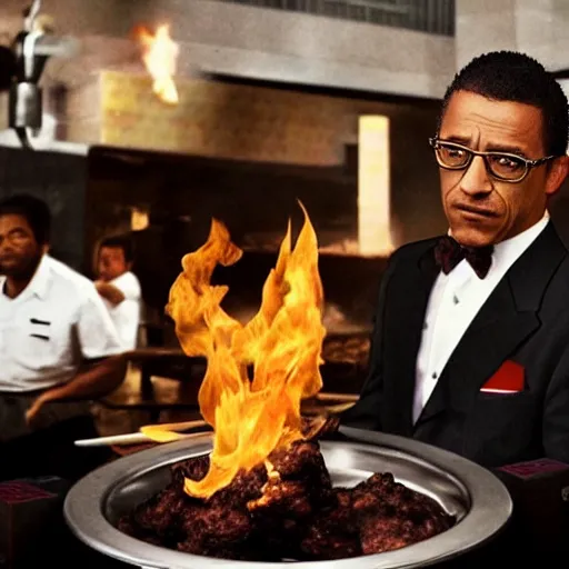 Prompt: Gustavo Fring sets fire to a KFC restaurant