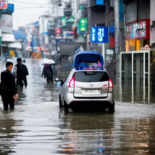 Image similar to seoul city is flooded by heavy rain. A guy with suit is sitting on the top of the A car is middle of the street flooded.