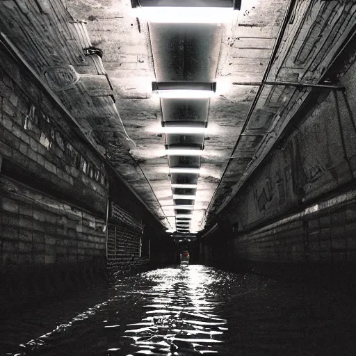 Image similar to dimly lit partially flooded subway tunnel, eerie, creepy, dark, limonal, surreal, neon sign,