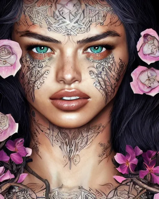 Image similar to close-up face centred portrait Adriana Lima as a female elf, body covered in floral tattoos and elfish runes , open magic book glowing, D&D, fantasy, highly detailed, digital art, fantasy illustration, trending on artstation, smooth, sharp focus, illustration, art by artgem and ROBERT HYNES