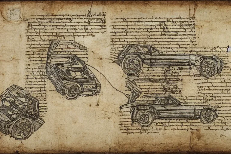 Prompt: ancient technical schematics on parchment by leonardo da vinci of a lancia 0 3 7