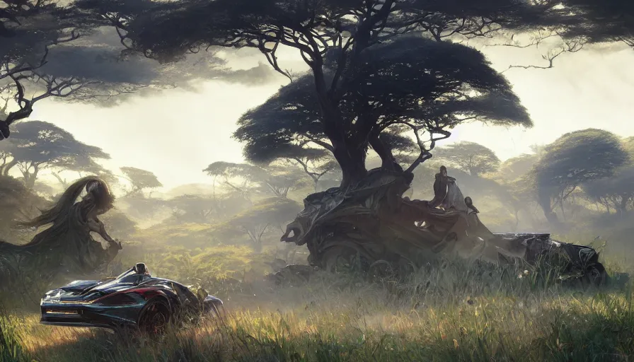 Image similar to the car dolorean, through the african savannah, artgerm and greg rutkowski and alphonse mucha, an epic fantasy, volumetric light, detailed, establishing shot, an epic fantasy, trending on art station, octane render, midsommar