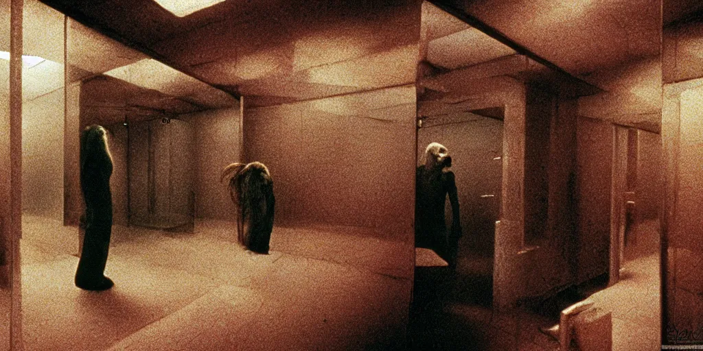 Prompt: slimy hairy fantasy creature crawls through crowded office, film still from 9 0 s kistch horror movie, wide lens, cinematic, very sharp, detailed, interior office, art direction by zdzislaw beksinski