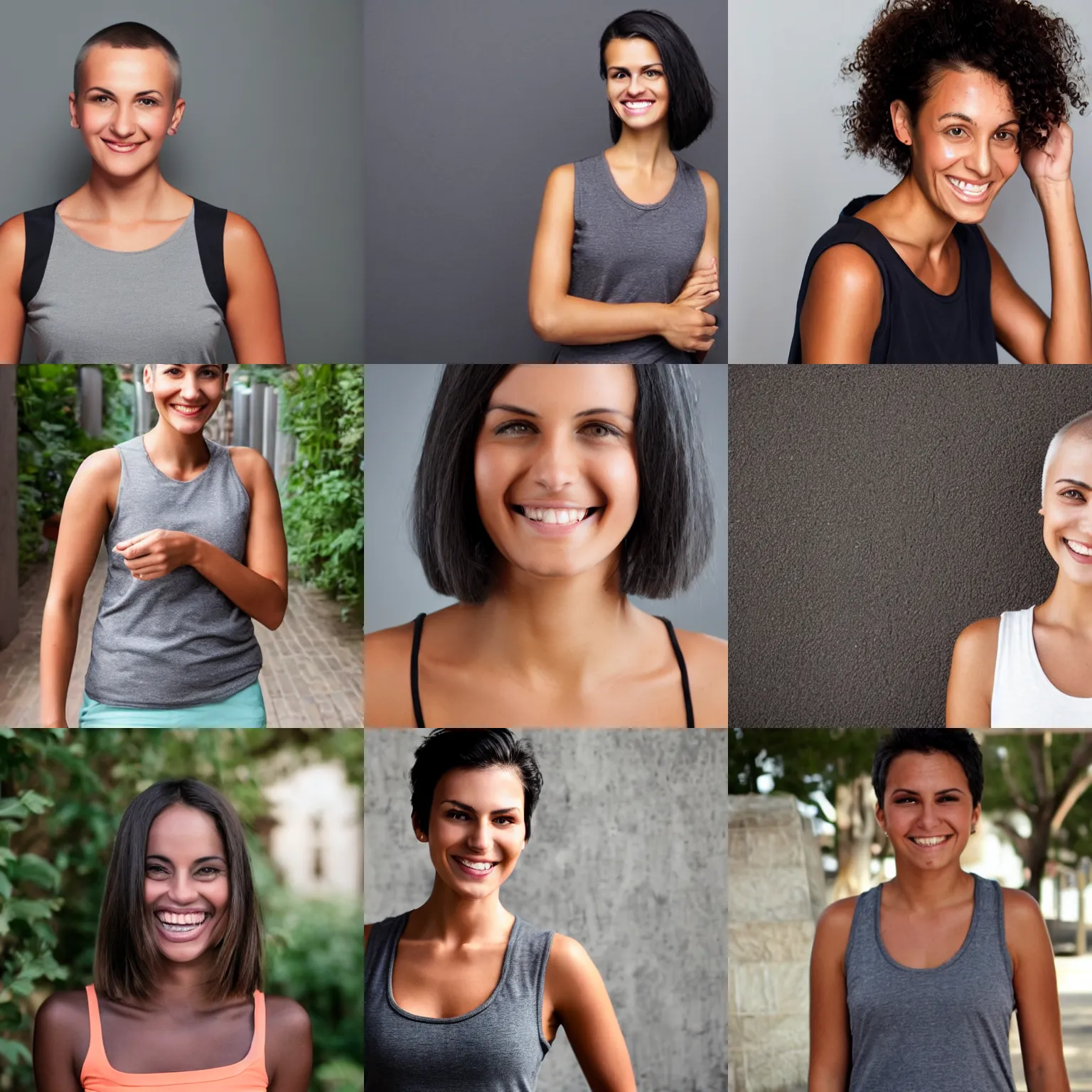 Prompt: tanned woman, with buzzcut dark hair, grey tank top, passeport picture smiling