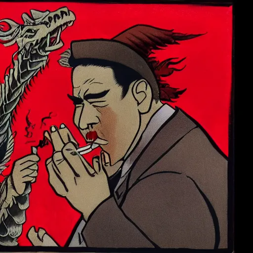 Image similar to A mafia man with a tobacco in his left hand, behind him is a Chinese dragon emanating a red aura of danger.