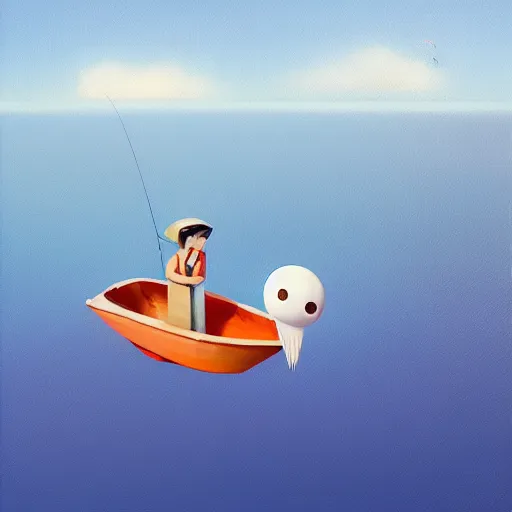 Prompt: goro fujita ilustration view from the sky of a bird with open wings with feathers flying above a fishing boat in the middle of the ocean, painting by goro fujita, sharp focus, highly detailed, artstation