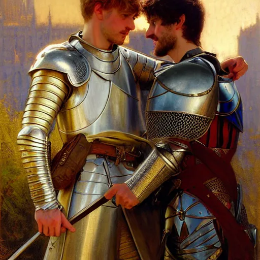 Image similar to attractive arthur pendragon and his attractive male knight, they are in love, natural lighting, path traced, highly detailed, high quality, digital painting, by gaston bussiere, craig mullins, alphonse mucha j. c. leyendecker