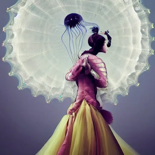 Prompt: asian female wearing luminous jelly fish armor. soft, fragile. by ray caesar. by louise dahl - wolfe. by andrea kowch. by anna claren. surreal photography