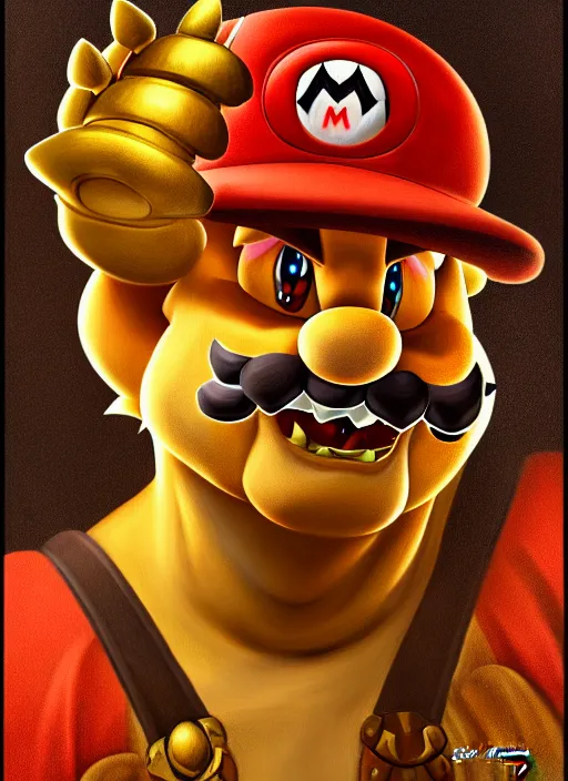 Image similar to oil portrait of bowser from super mario, intricate, elegant, highly detailed, lighting, painting, artstation, smooth, illustration, art by greg rutowski and alphonse mucha