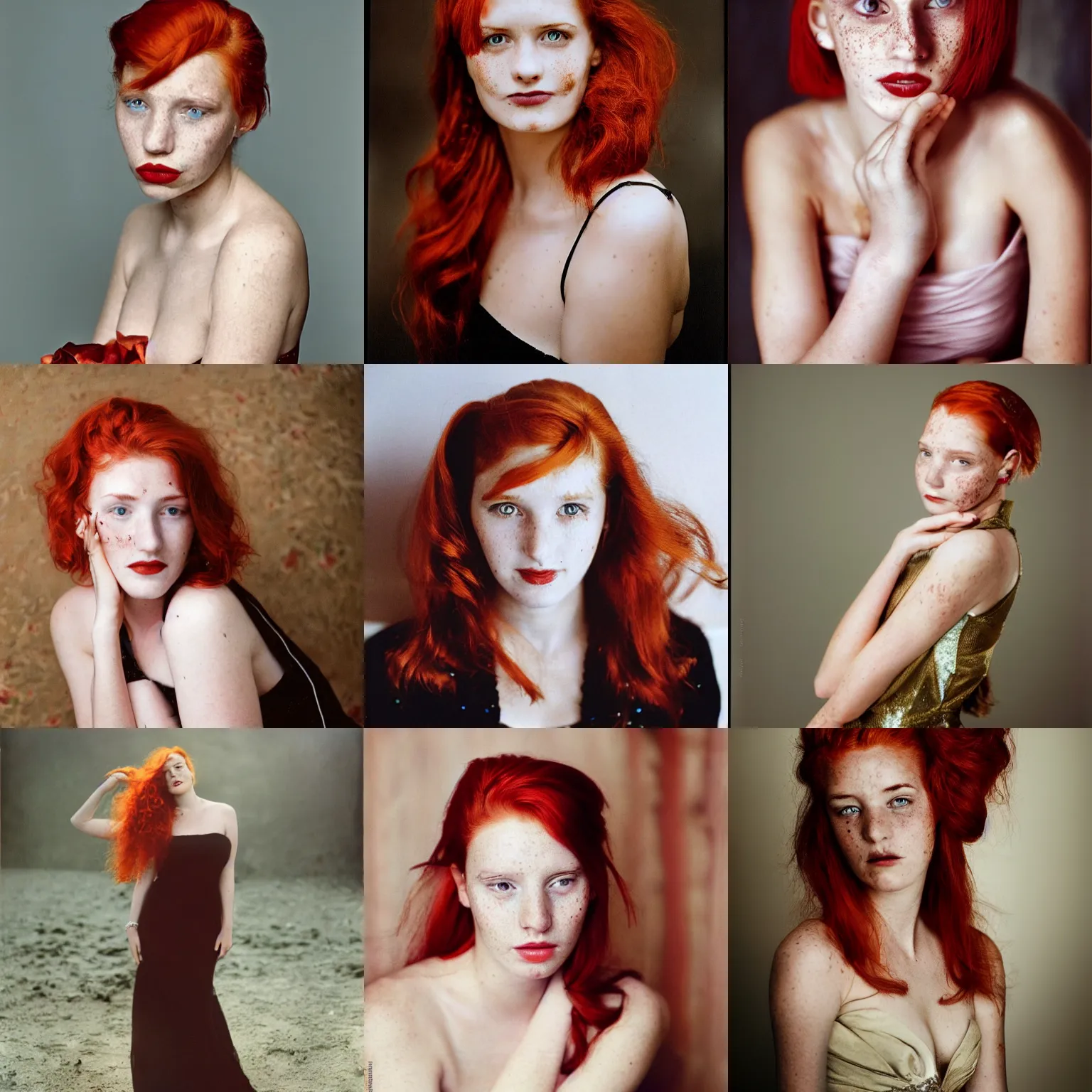 Prompt: photo of a 2 0 year old woman in formal party fashion taken by annie leibovitz, red hair, freckles