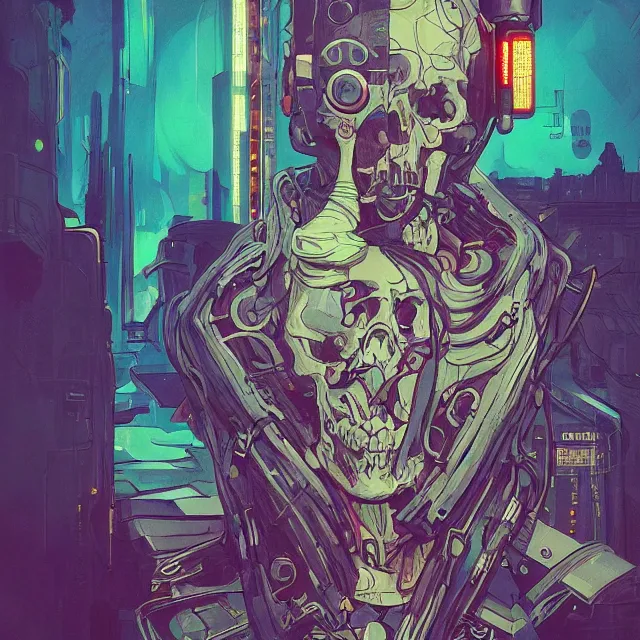 Image similar to a beautiful portrait painting of a ( ( cyberpunk ) ) skull by simon stalenhag and pascal blanche! and alphonse mucha! and nekro!!. in style of digital art. colorful comic, film noirs!, symmetry, hyper detailed. octane render. trending on artstation