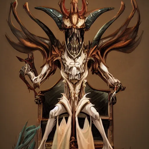 Image similar to concept art painting of a dragonlike anthropomorphic humanoid creature with a long dragon neck and horned skull mask, sitting on a throne, realistic, detailed, cel shaded, in the style of makoto shinkai and greg rutkowski and james gurney