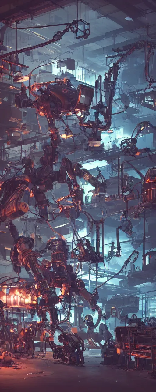 Prompt: realistic dieselpunk robot repair workshop, a large, partially - assembled android hangs in a neon glow, volumetric lighting, strong shadows, tiny robot engineers work, reflections, high contrast, glowing robot motifs, octane render, loish, syd mead, cinematic