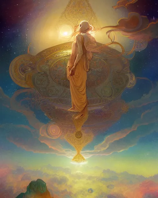 Image similar to the quran descending from the galaxy into clouds highly detailed, gold filigree, romantic storybook fantasy, soft cinematic lighting, award, disney concept art watercolor illustration by mandy jurgens and alphonse mucha and alena aenami, pastel color palette, featured on artstation