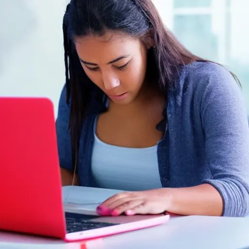 Image similar to photo of a young woman struggling to buy an apple laptop online