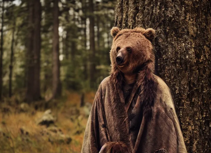Prompt: character and environment photography, portrait shamanistic infested anthropomorphic 2 0 - year - old male druid, bear, old tattered robe, medium shot, wide angle, 2 0 0 px, low key