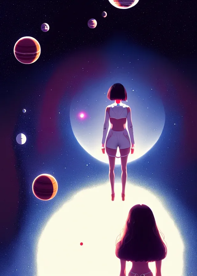 Prompt: girl in space, floating beside planets, symmetrical face and body, symmetrical composition, detailed designs, digital painting, 4 k, by ilya kuvshinov, by greg rutkowski, atmospheric lighting