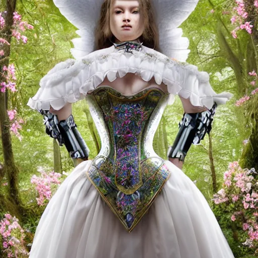 Image similar to A masterpiece ultrarealistic ultradetailed portrait of a Incredibly beautiful angel armored princess knight IN INCREDIBLE FEARFUL sharp poisoned GAS MASK WITH FLOWERS and swarovski crystals. baroque renaissance. in the forest. White amazing corset. medium shot, intricate, elegant, highly detailed. trending on artstation, digital art, by Stanley Artgerm Lau, WLOP, Rossdraws, James Jean, Andrei Riabovitchev, Marc Simonetti, Yoshitaka Amano. background by James Jean and Gustav Klimt, light by Julie Bell, 4k, porcelain skin. BY ZDIZISLAW BEKSINSKI Cinematic concept art