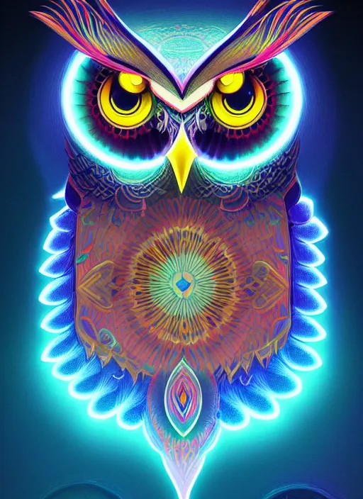 Image similar to symmetry!! product render poster vivid colors divine proportion owl, divine, glowing fog intricate, elegant, highly detailed, digital painting, artstation, concept art, smooth, sharp focus, illustration,