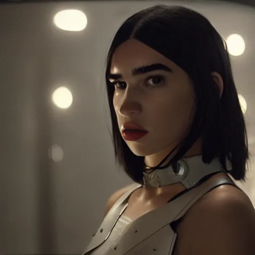 Image similar to movie still of cyborg dua lipa, cinematic composition, cinematic light, criterion collection, by edgar wright