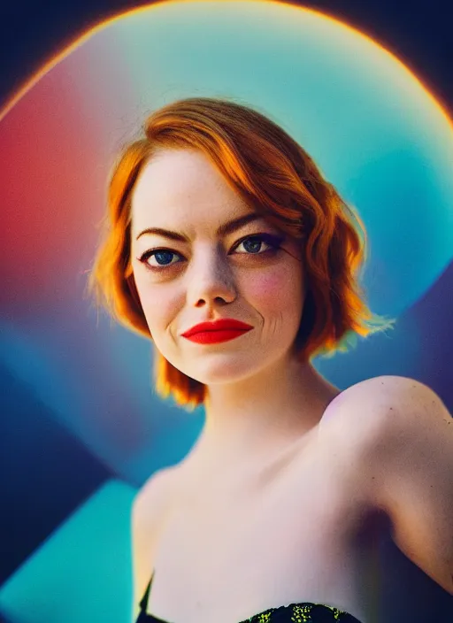 Image similar to beautiful Emma Stone wearing a vintage Raypunk outfit, accurate anatomy, abstract sun in background, shiny soft skin, soft lighting, sharp details, warm colors, full body portrait, 35 mm film, subsurface scattering, lens flare