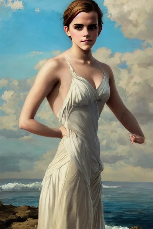 Image similar to a beautiful emma watson wearing a dress emerging from the water, oil on canvas, sensuality, artstation, by j. c. leyendecker and edmund blair leighton and charlie bowater, instagram photo