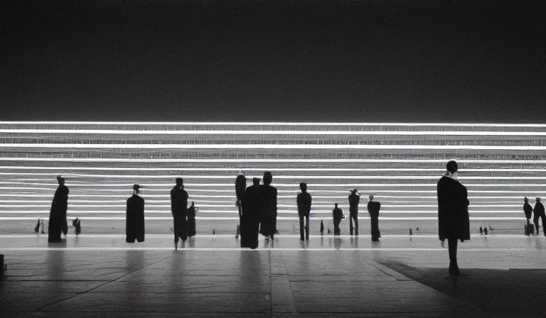 Prompt: A techno palace exterior, extreme long shot, 35mm film, by Ryoji Ikeda, Yohji Yamamoto, Michael Mann