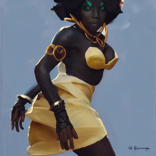 Prompt: greg manchess portrait painting of african yorha type a no. 2 as african tracy from overwatch, back shot, asymmetrical, profile picture, organic painting, sunny day, matte painting, bold shapes, hard edges, street art, trending on artstation, by huang guangjian and gil elvgren and sachin teng