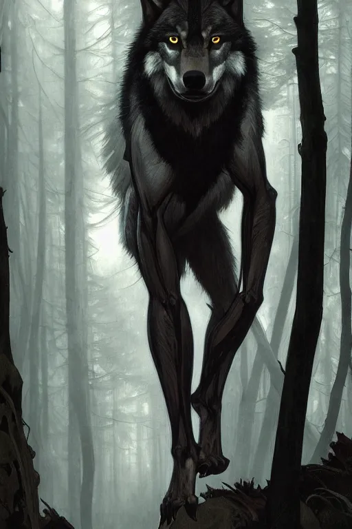 Image similar to full figure beautiful young fit antrophomorphic male wolf, bared teeth and long claws, dark scene, by greg rutkowski and alphonse mucha, d & d character, gradient black to silver, in a forest at night, highly detailed portrait, digital painting, artstation, concept art, smooth, sharp focus illustration, artstation hq