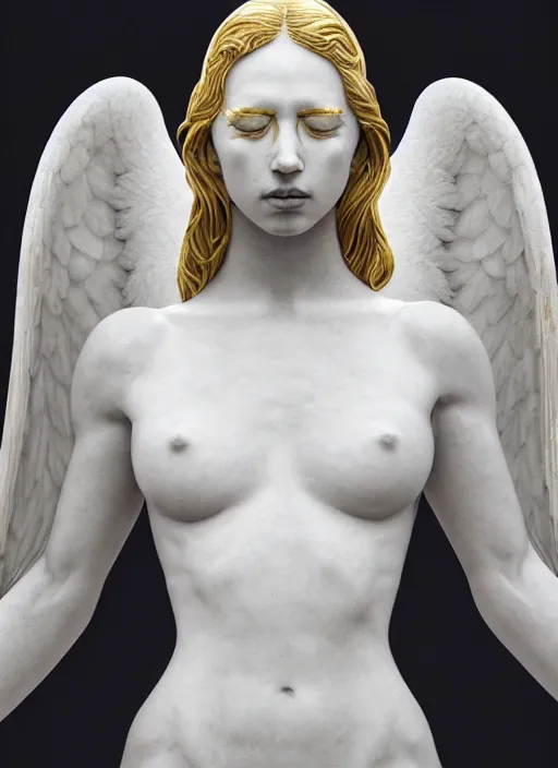 Image similar to a statue made of white marble with gold veins, of an beautiful gorgeous angel girl, full body shot, perfect symmetrical body, perfect symmetrical face, no eyes, hyper realistic, hyper detailed, fujicolor superia 1 6 0 0 photo, by johannen voss, by peter kemp, by monia merlo, by michelangelo octane render, blender, 8 k