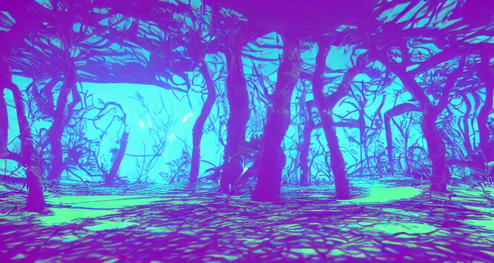 Image similar to 80s vaporwave outrun 3d Render of deep sea forest, liminal space retro, grainy, noisy