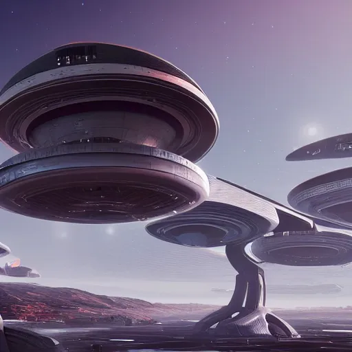 Prompt: photo of alien futuristic architecture, starship landing, open vast spaces glowing tech, scifi, intricate, detailed, unreal engine 5, photo - realism, hyperreal