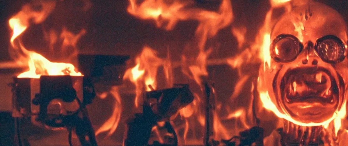 Image similar to filmic extreme closeup dutch angle movie still 4k UHD 35mm film color photograph of a doctors being burned alive, screaming in agony, inside of a science lab , in the style of a 1980s horror film