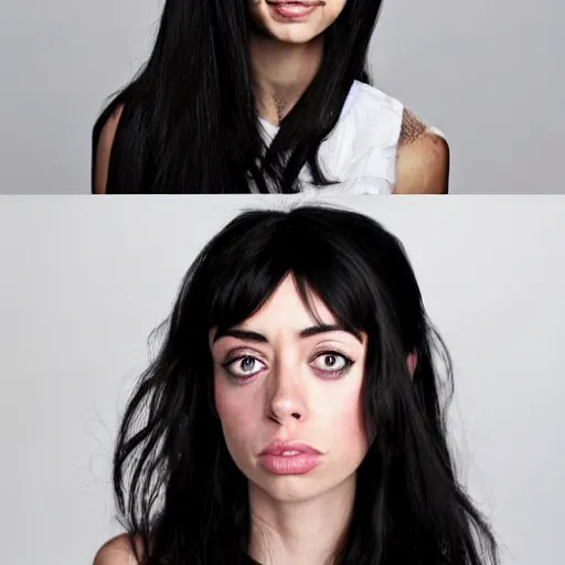 Image similar to a girl with long black hair, her face is a mix between aubrey plaza, krysten ritter and sarah hyland