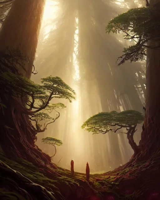 Prompt: forest of enormous trees surrounding a magical pod, deep focus, d & d, fantasy, intricate, elegant, highly detailed, digital painting, artstation, concept art, matte, sharp focus, illustration, hearthstone, art by greg rutkowski and alphonse mucha and andreas rocha