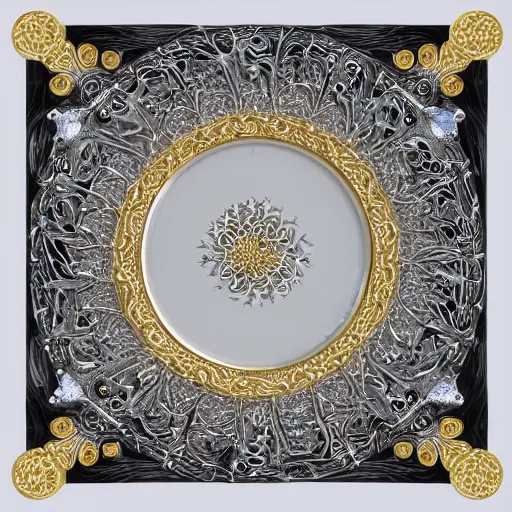 Prompt: silver plate with a gold fractal filigree, hyper detailed