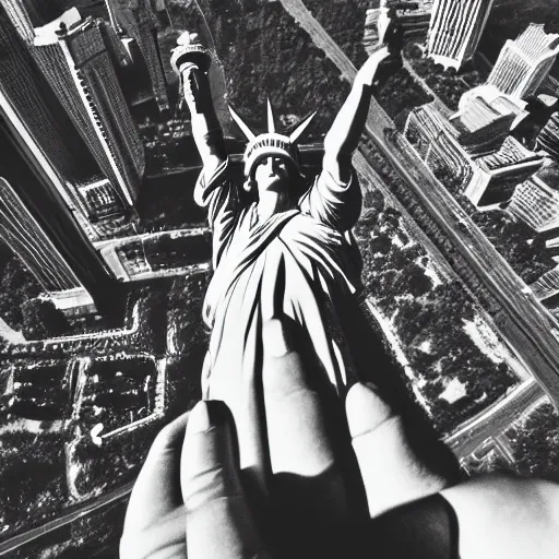 Image similar to the statue of liberty shaking her fist at the people below her, low - angle shot