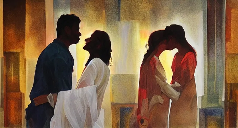 Image similar to people kissing, artwork by salman toor, cinematic light, atmospheric effects