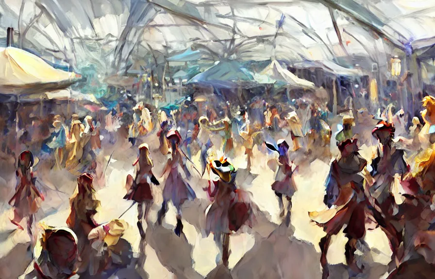 Image similar to greg manchess concept art of the millennial fair from chrono trigger, outdoor fairgrounds, striped pavillions, leene's bell, key visual, ambient lighting, highly detailed, digital painting, artstation, concept art, sharp focus, by makoto shinkai and akihiko yoshida and hidari and wlop and greg rutkowski