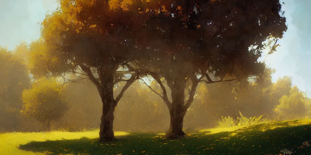 Image similar to digital art painting of a single tree in the middle of a front yard painted by craig mullins and gaston bussiere and greg rutkowski