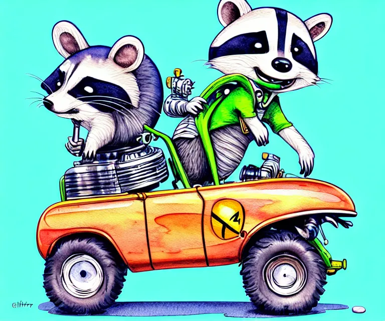 Image similar to cute and funny, racoon wearing a helmet riding in a tiny 4 wheeler with oversized engine, ratfink style by ed roth, centered award winning watercolor pen illustration, isometric illustration by chihiro iwasaki, edited by range murata, tiny details by artgerm, symmetrically centered