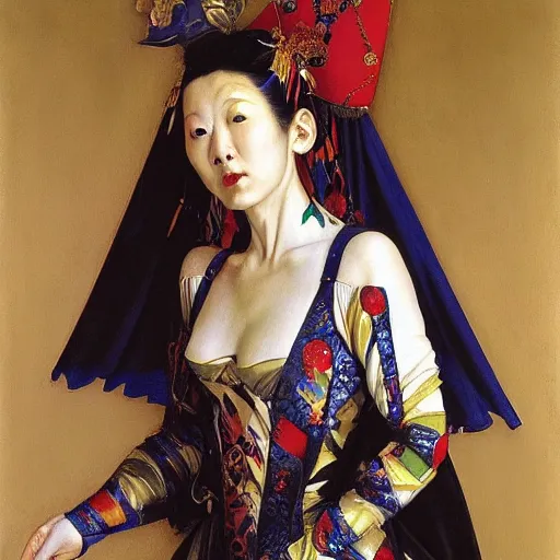 Prompt: portrait of a female east asian jester, by donato giancola and michelangelo merisi da caravaggio.