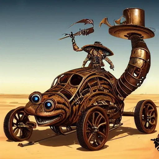 Image similar to giant steampunk mechanical frog, concept art, wild west, desert, digital art