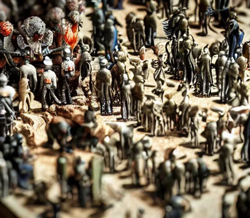 Image similar to miniature figurines of heironymus bosch monsters, close up, detail, tilt shift, product photography