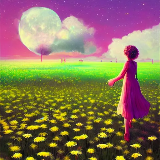 Image similar to giant daisy flower as a head, girl walking in flower field, surreal photography, moon light, dramatic, impressionist painting, colorful clouds, digital painting, artstation, simon stalenhag